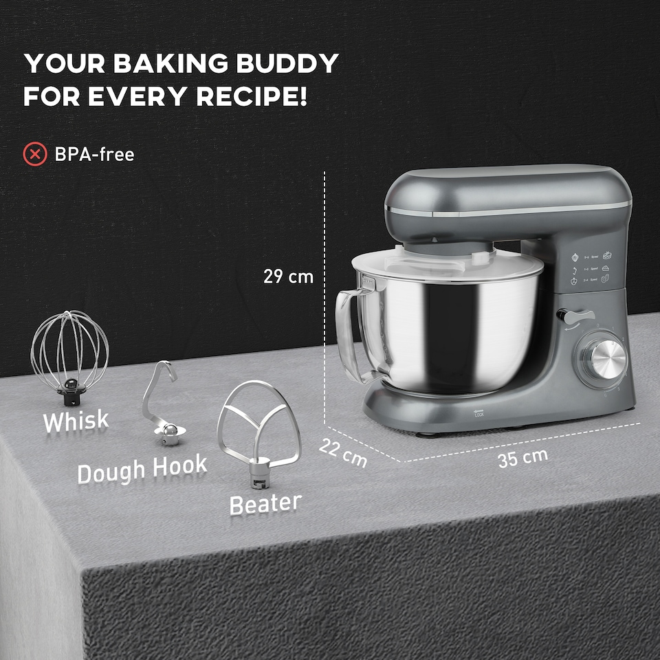 image 1 of HOMCOM Stand Mixer, 4.5L Food Mixer for Baking, 6 Speeds and Pulse Setting, 1300W Cake Electric Whisk with Dough Hook, Whisk, Stainless Steel Bowl, Splash Guard, Beater, Silver Tone | Silver