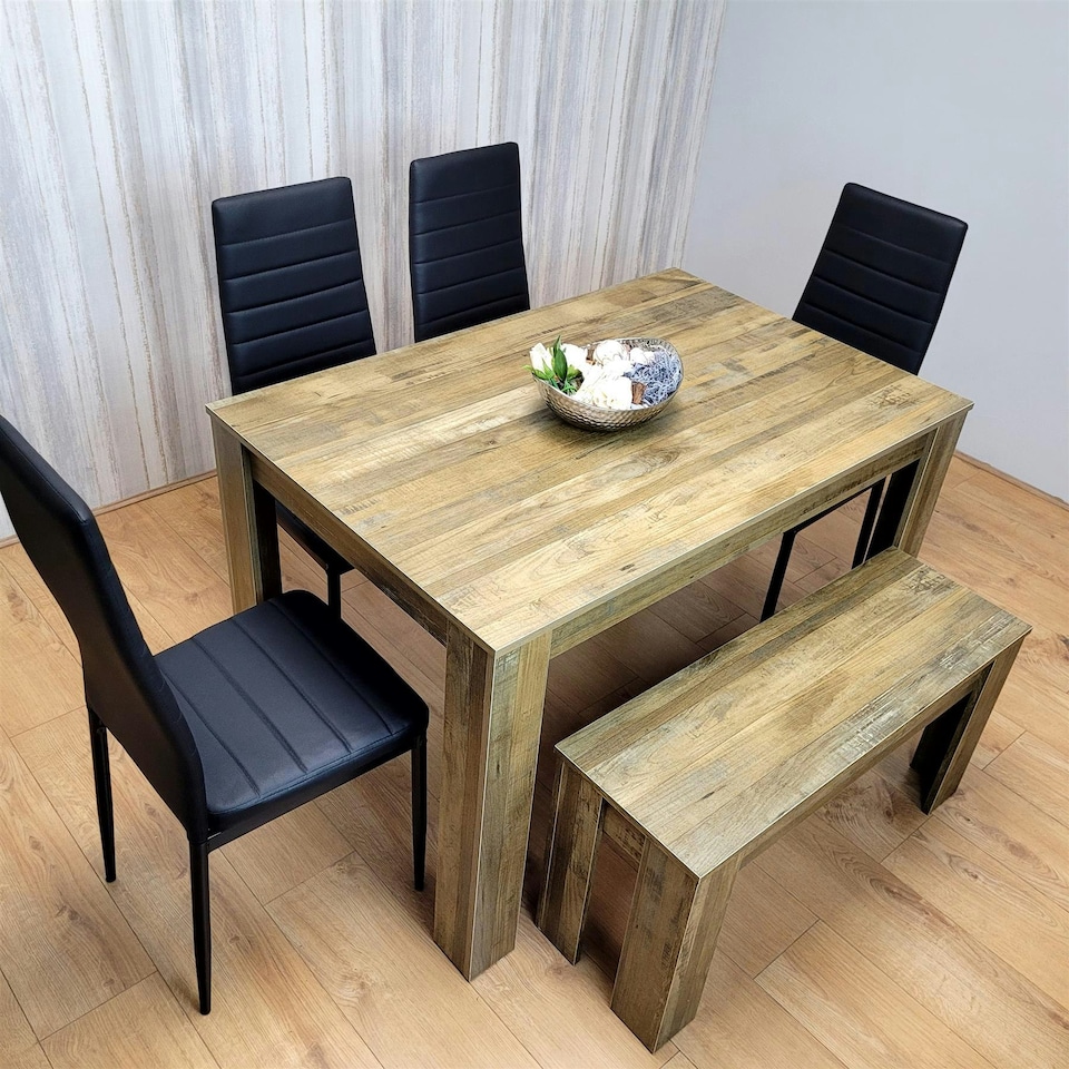 image 1 of Wooden Dining Table Set for 6 Rustic Effect Table With 4 Black Leather Chairs and 1 Bench Black