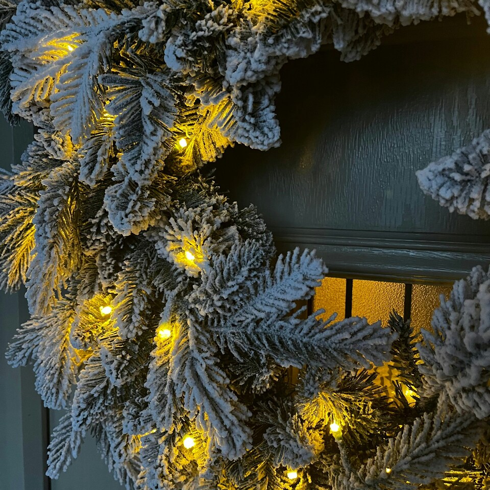 image 1 of 60cm Premium Mixed branch prelit Snow Flocked Christmas Wreath - with timer