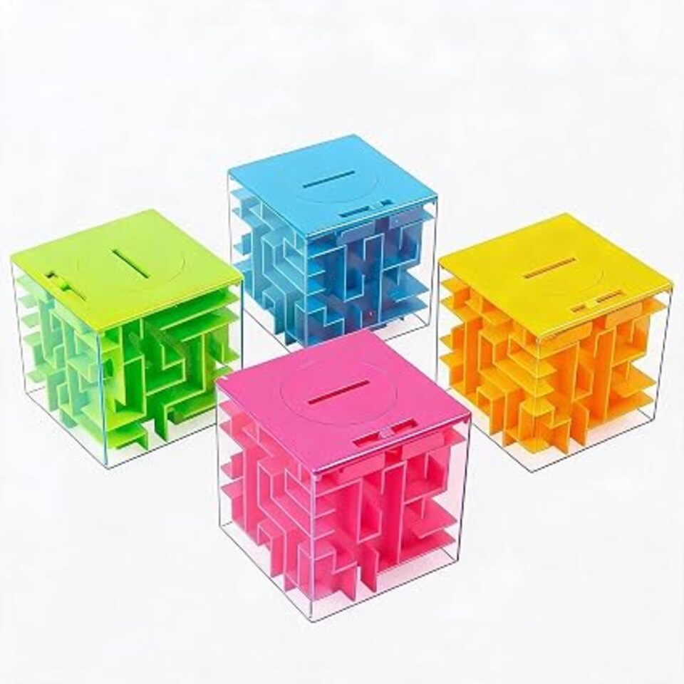 image 1 of London Boutique 4 Pack Money Maze Puzzle Box 7.6x7.6cm - Transparent ABS 3D Maze Cash Gift Holder & Brain Teaser Toy, Reusable Piggy Bank for Kids & Adults, Birthday & Christmas Party Favors