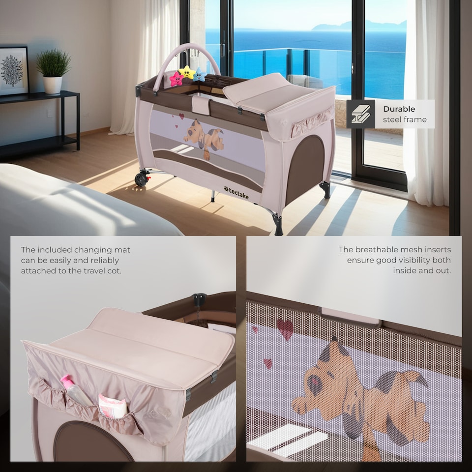 image 1 of Travel Cot Dog - foldable, with changing mat, for children up to 36 months | Cream | brown | 132 x 75 x 104 cm | 1