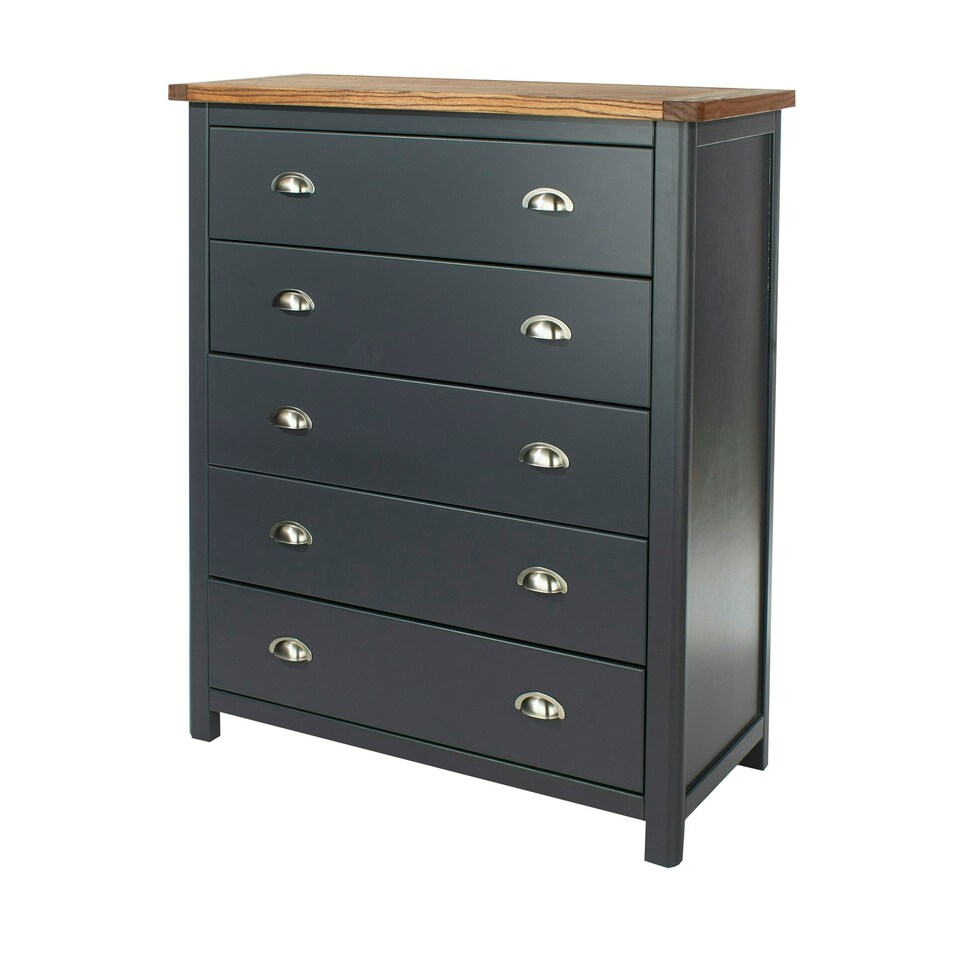 image 1 of Dunkeld 5 Drawer Chest - Midnight Blue Painted Wood Bedroom Storage with Antique Oak Effect Top and Silver Handles | Blue | Blue | 1