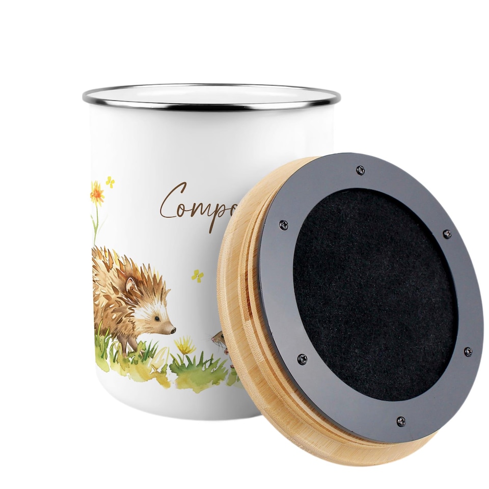 image 1 of Hedgehog & Mouse Compost Caddy - Metal 2L Decorative Kitchen Food Waste Bin