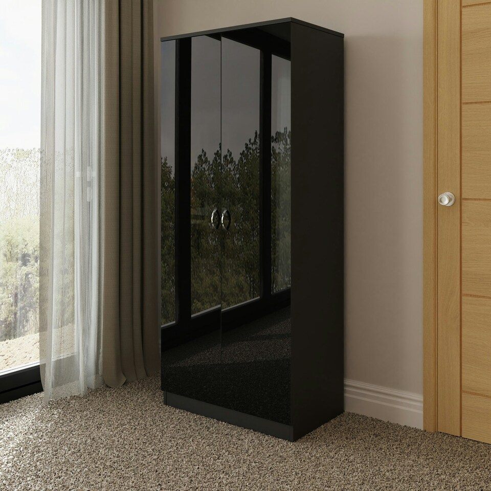 image 1 of FWStyle Chilton 2 Door Wardrobe - Black Gloss Front Black