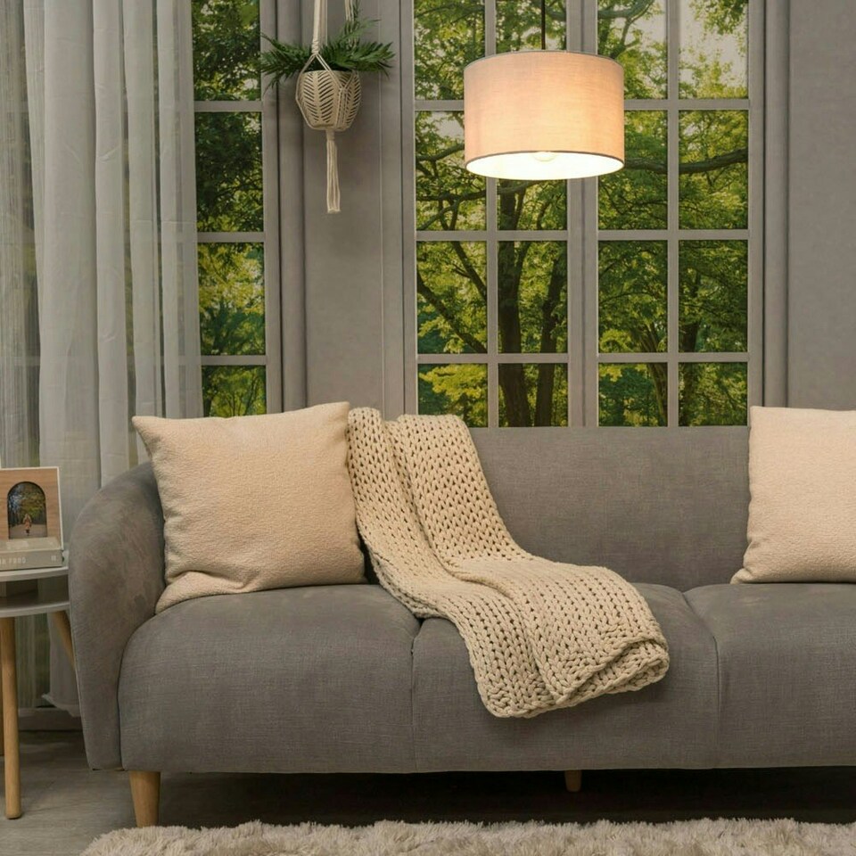 image 1 of ValueLights Pair of - Grey Fabric Cylinder Ceiling Pendant Lampshade/Table Lamp Drum Light Shade - Small