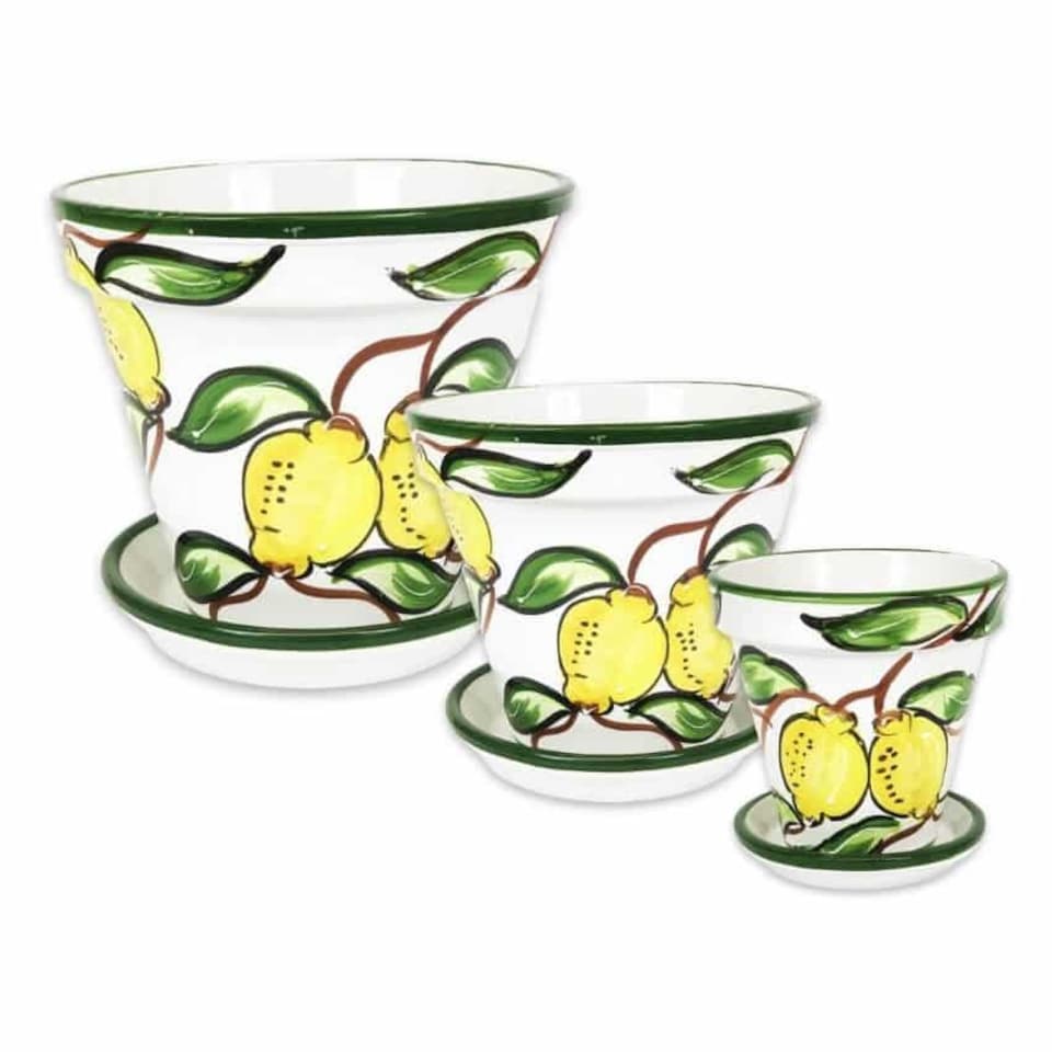 image 1 of Verano Spanish Ceramics Set of 3 Plant Pots & Drainage Plates - 16-29cm Lemons