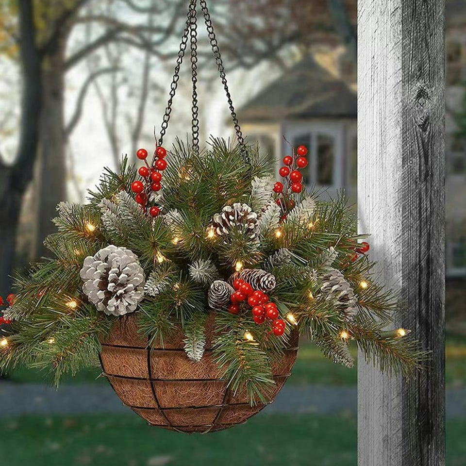 image 1 of Living and Home Artificial Christmas Hanging Basket with Frosted Pine Cone