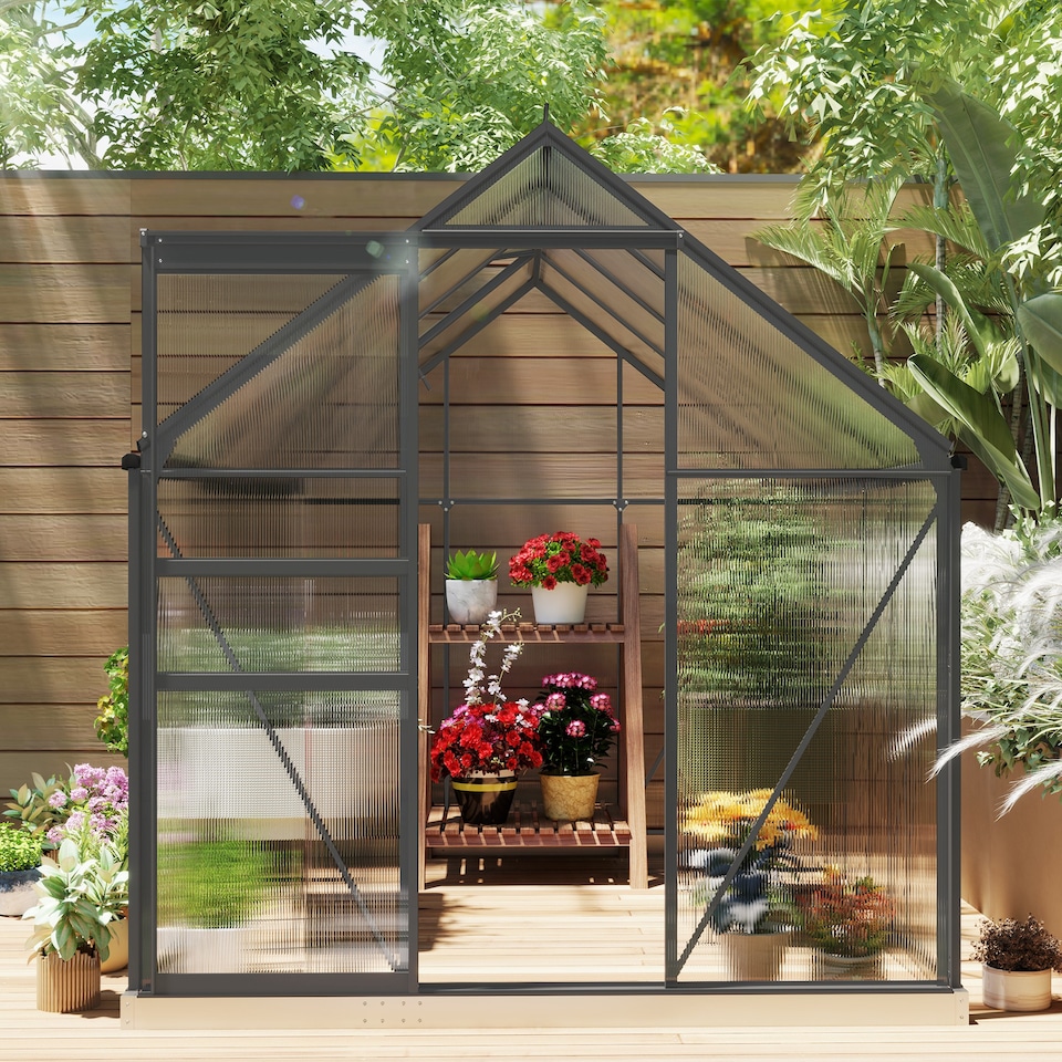 image 1 of Outsunny Polycarbonate Walk-in Garden Greenhouse w/ Sliding Door Dark Grey