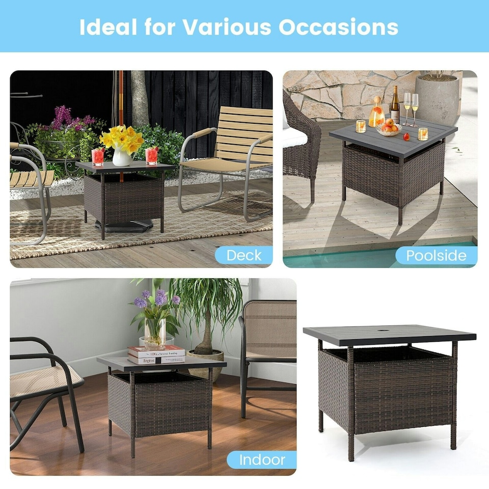 image 1 of COSTWAY Rattan Umbrella Side Table Outdoor Garden Table Brown