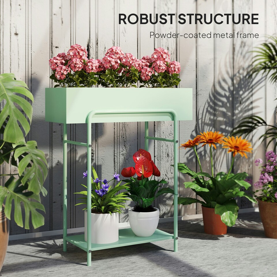 image 1 of Outsunny 2 Tier Plant Stand, Metal Plant Rack with Drain Holes, Green 
