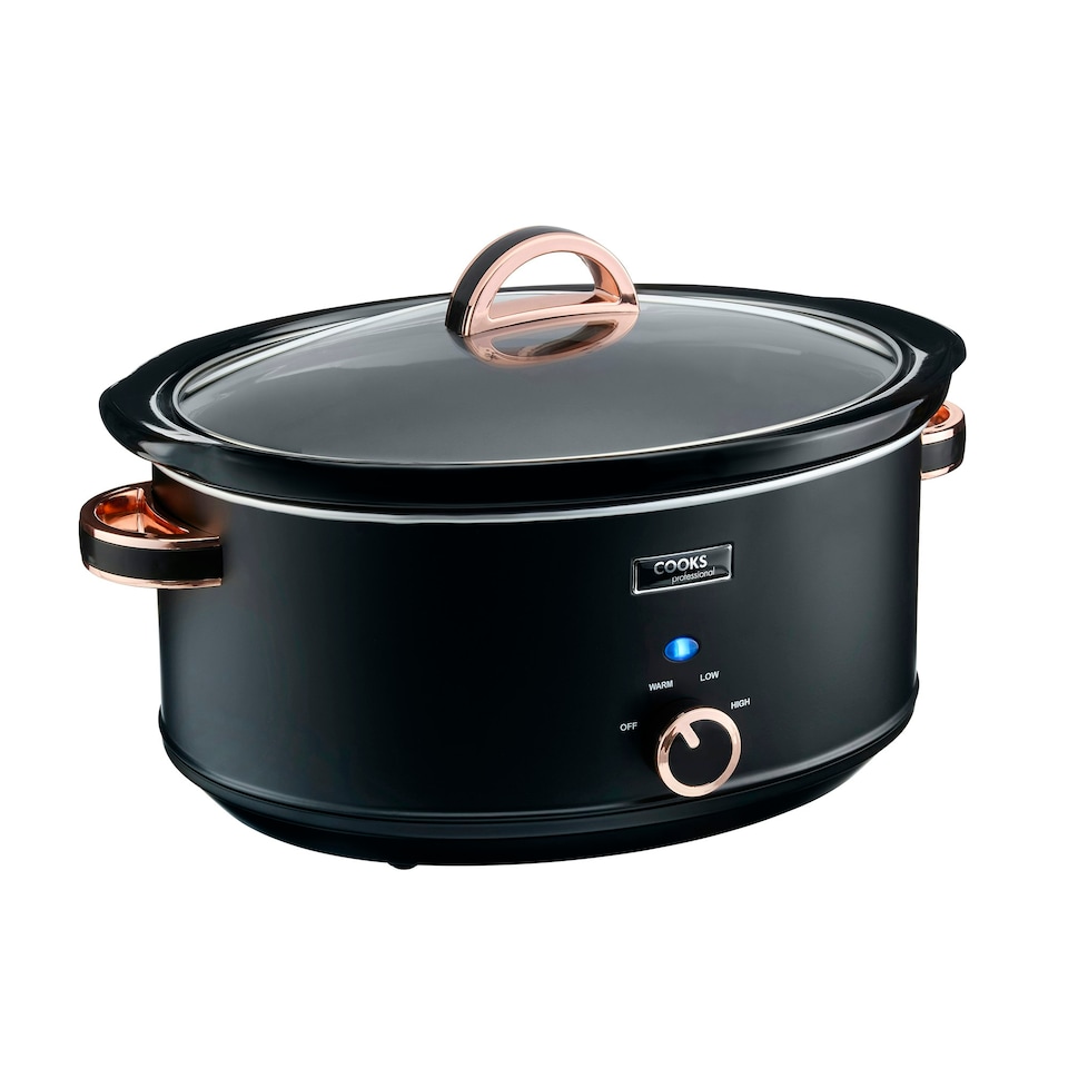 image 1 of Cooks Professional Slow Cooker 6.5 Litre with Dishwasher Safe Bowl, 2 Heat Settings & Keep Warm Function | Black & Rose Gold