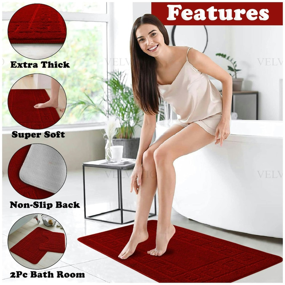image 1 of VELVETIO Greek Bath Mat & Pedestal Mat Water Absorbent Non Slip Toilet Rugs Red