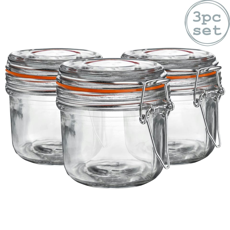 image 1 of Argon Tableware Glass Storage Jars - 200ml - Pack of 3 - Airtight Metal Clip Lid Storange Container Preserving Jar