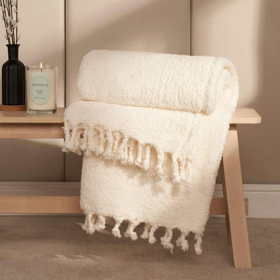 image 1 of OHS Sherpa Fleece Throw Blanket Tassel, 125x150cm - Cream