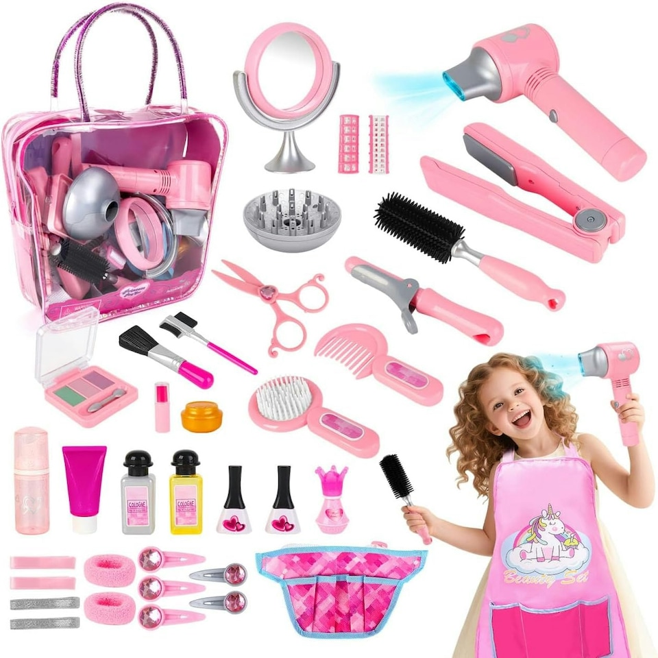 image 1 of Kids Hair Salon Play Set Pretend Hairdressing Makeup Kit with Lights Sounds Unicorn Apron Carry Bag