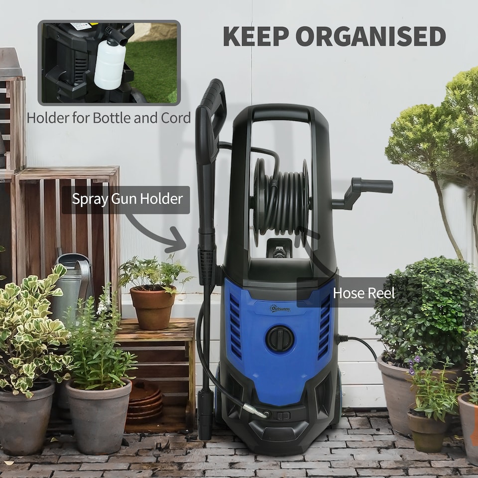 image 1 of Outsunny 2200W Power Washer 170 Bar Pressure with Adjustable Nozzle | Blue | Blue | 32W x 32D x 80H cm