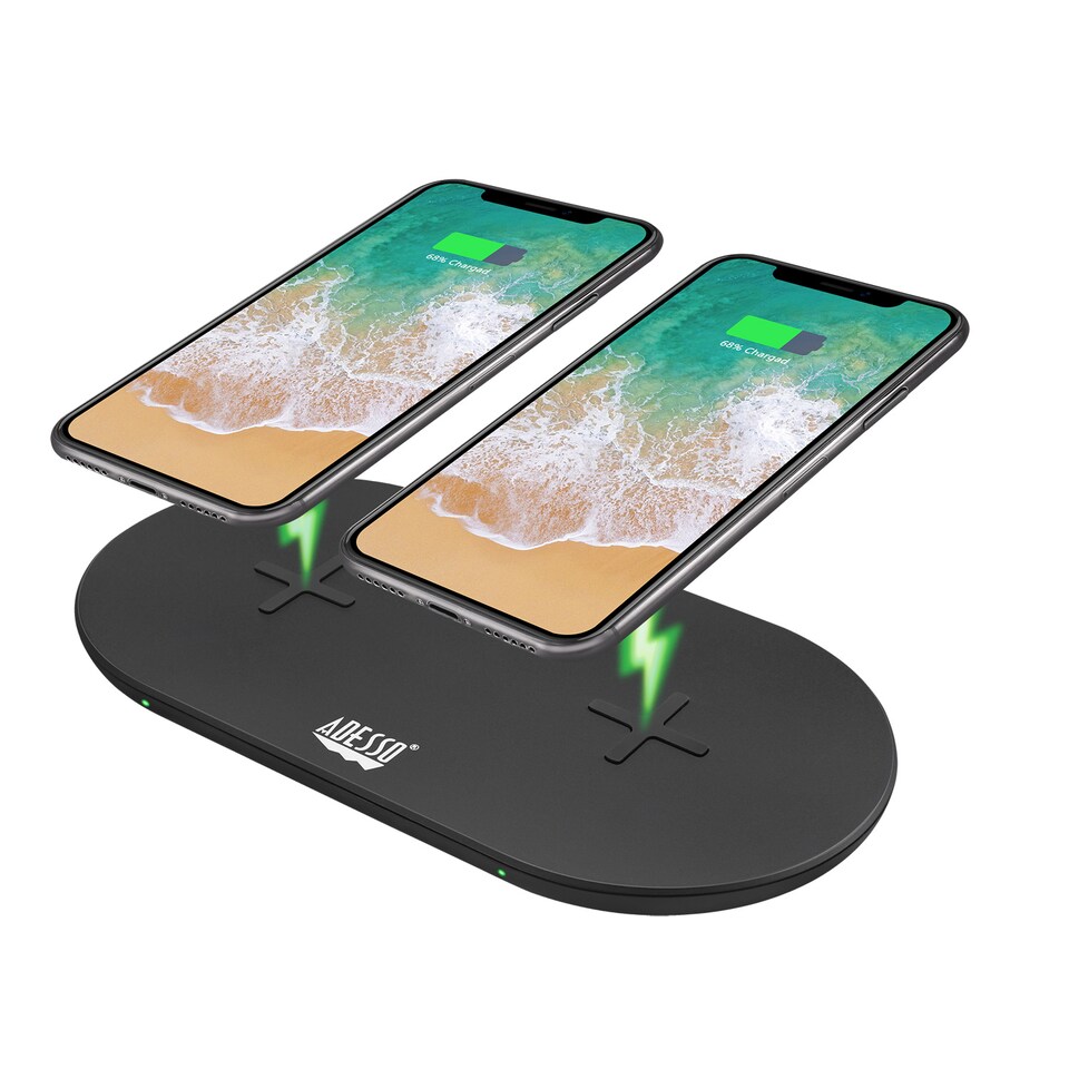 image 1 of Adesso 15W Max Qi-Certified Dual 2-Coil Wireless Fast Charging Pad