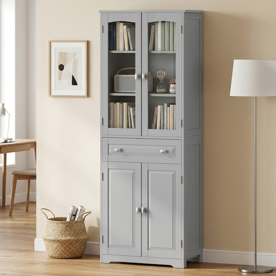 image 1 of HOMCOM Kitchen Cupboard Storage Cabinet Adjustable Shelves, Glass Door, Grey