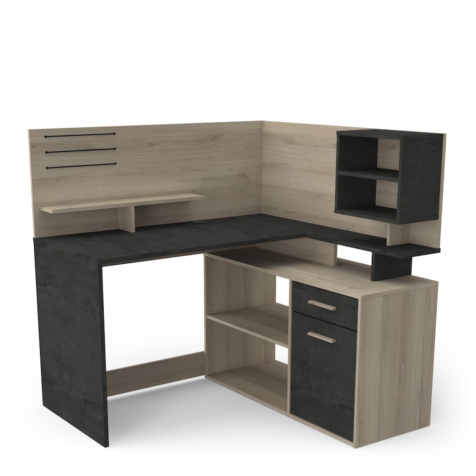 image 1 of FURNICOMP Jade 1 Door 1 Drawer Black and Oak L Shaped Corner Office Desk With Hutch