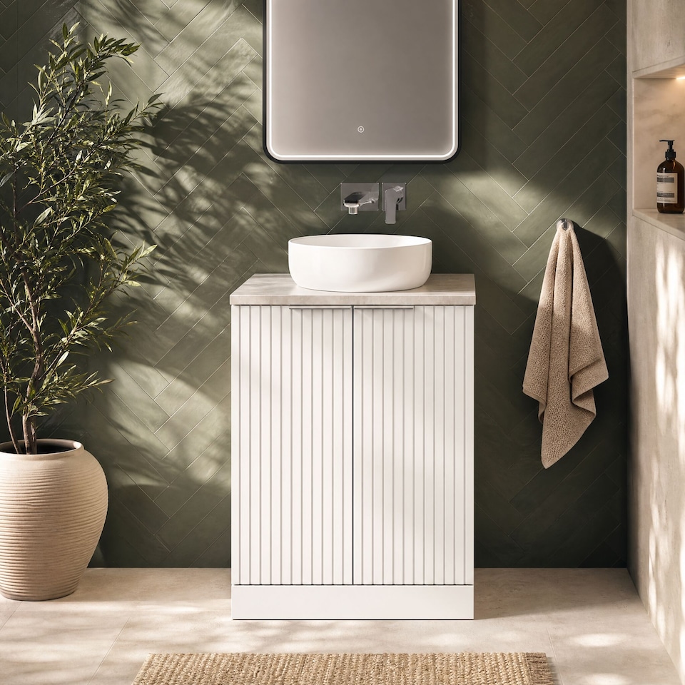 image 1 of Balterley Callingwood Contemporary Floor Standing 2 Door Vanity Unit with White Sparkle Laminate Worktop , 600mm, Matt White