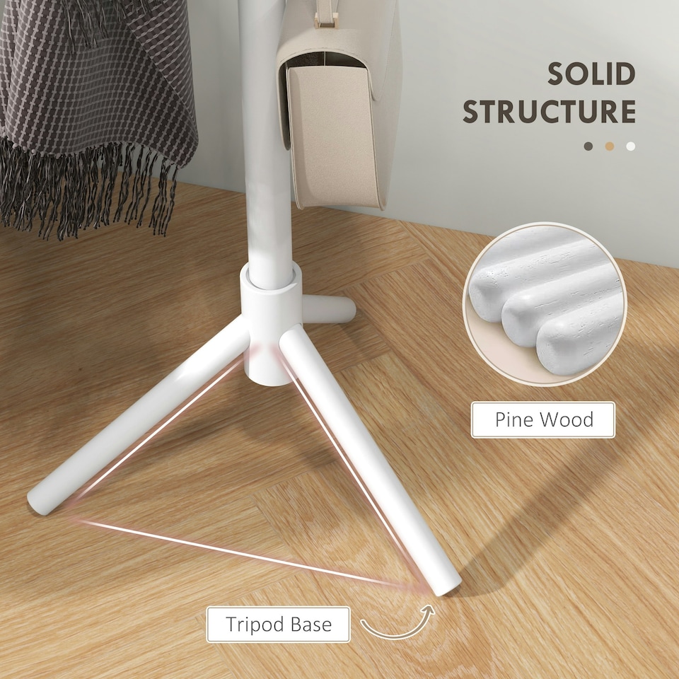 image 1 of HOMCOM Coat Rack Bamboo Coat Stand with 8 Hooks for Handbags, White