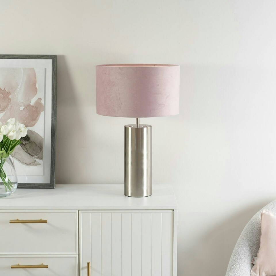 image 1 of ValueLights Lexy Brushed Chrome Touch Table Lamp with Blush Pink Velvet Shade