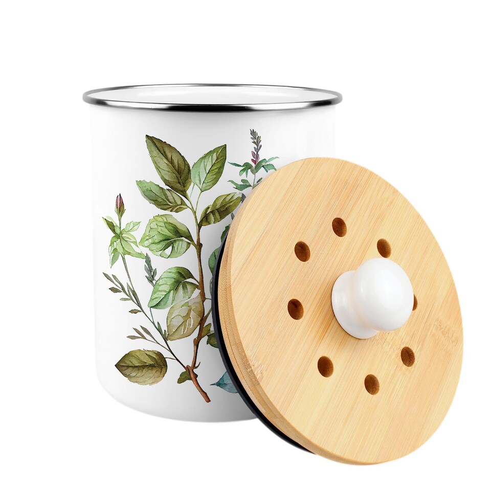 image 1 of Watercolour Herbs Compost Caddy - Metal 2L Decorative Kitchen Food Waste Bin