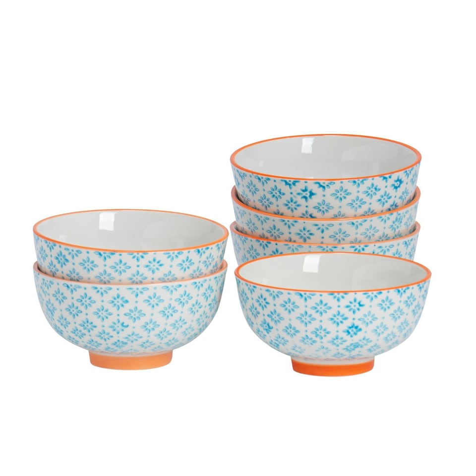 image 1 of Nicola Spring Hand-Printed Rice Bowls - 12cm - Blue - Pack of 6 Multi