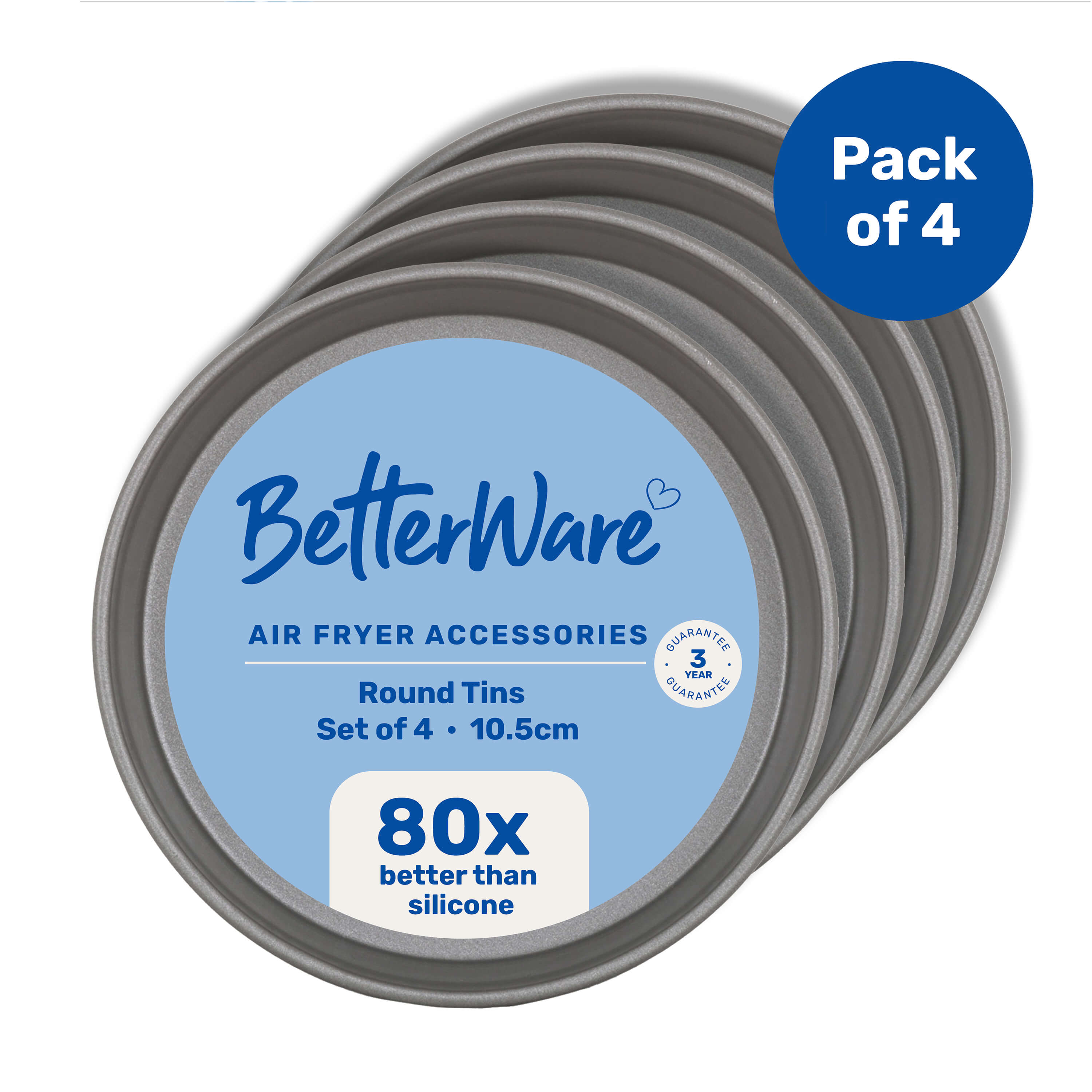 BetterWare Air Fryer Accessories Set of 4 x 10.5cm Round Tins Non-Stick Low Carbon Steel Dishwasher & Freezer Safe Compatible with Most Air Fryers Ide