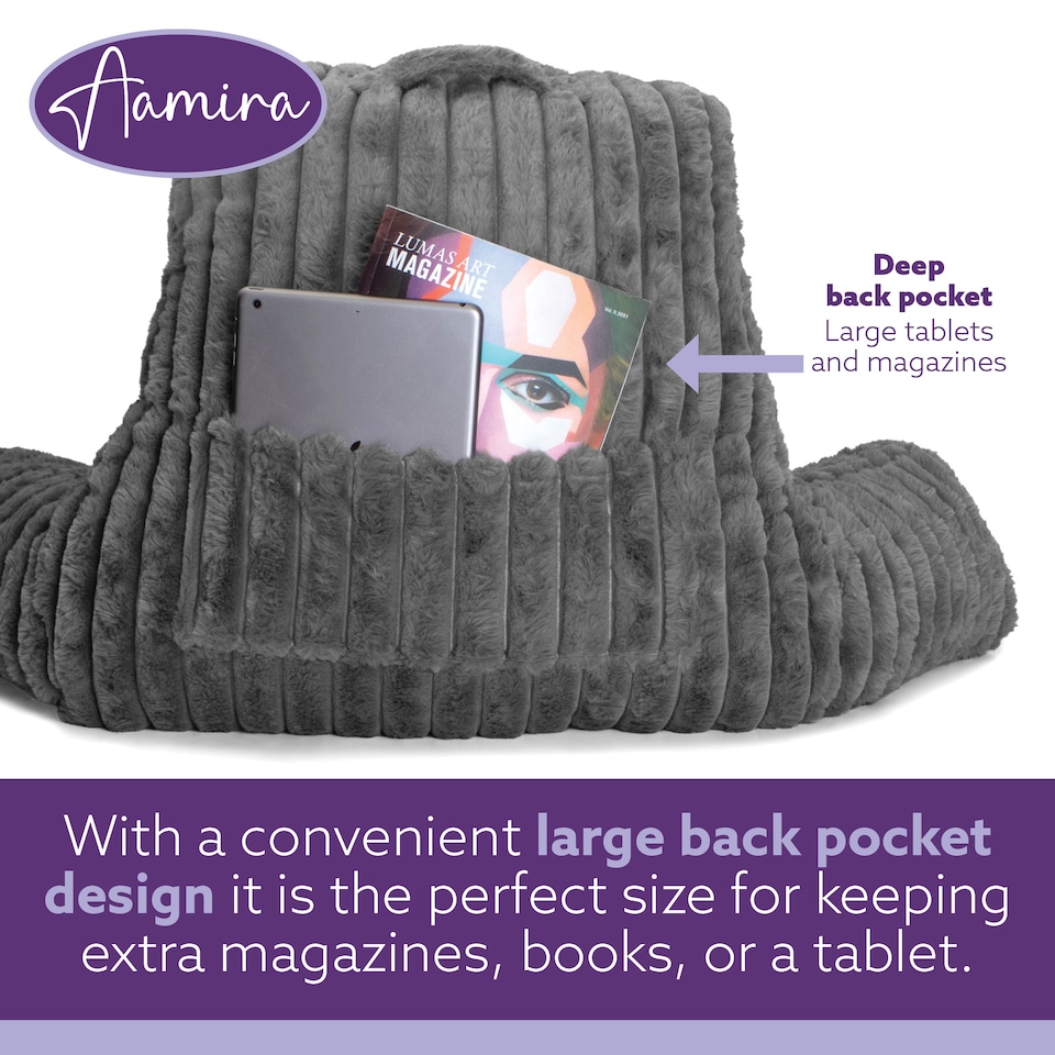 image 1 of Aamira Reading Pillow Grey Faux Fur Ribbed Memory Foam Support Cushion | Grey | Grey | Standard | 1