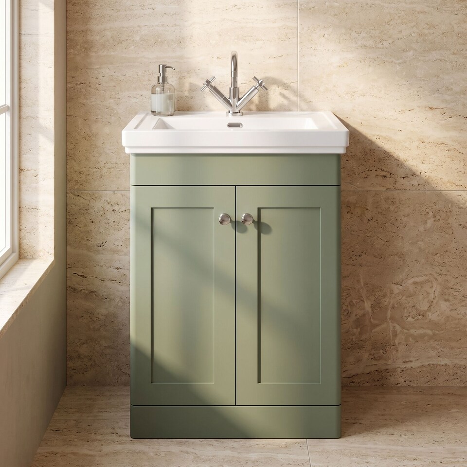 image 1 of Balterley Classic Traditional Bathroom Floor Standing 2-Door Vanity Unit & Fireclay Basin | Green | Satin Green
