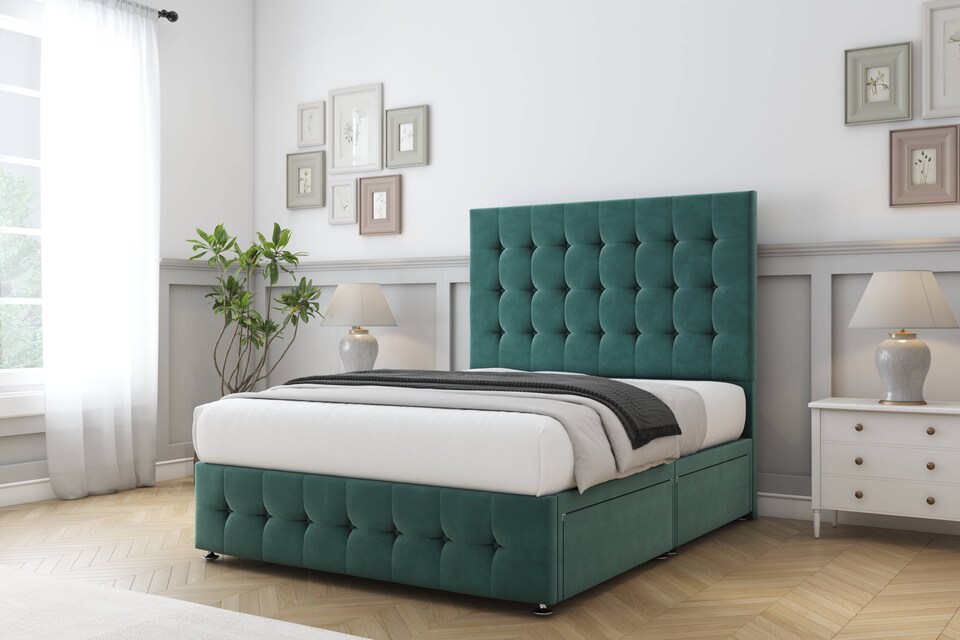 image 1 of Sloomy Berlin Emerald Plush Divan Bed Base 2 Drawers Right Side With 54 Inch Floor Standing Headboard & 12 Inch Matching Footboard | Green | Emerald | Small Single | 1