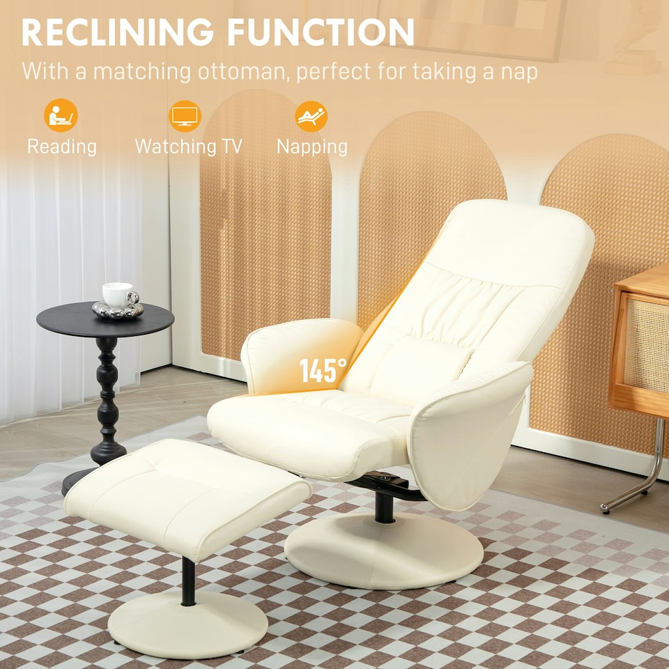 image 1 of HOMCOM PU Leather Armchair and Footrest Swivel Recliner Cream White