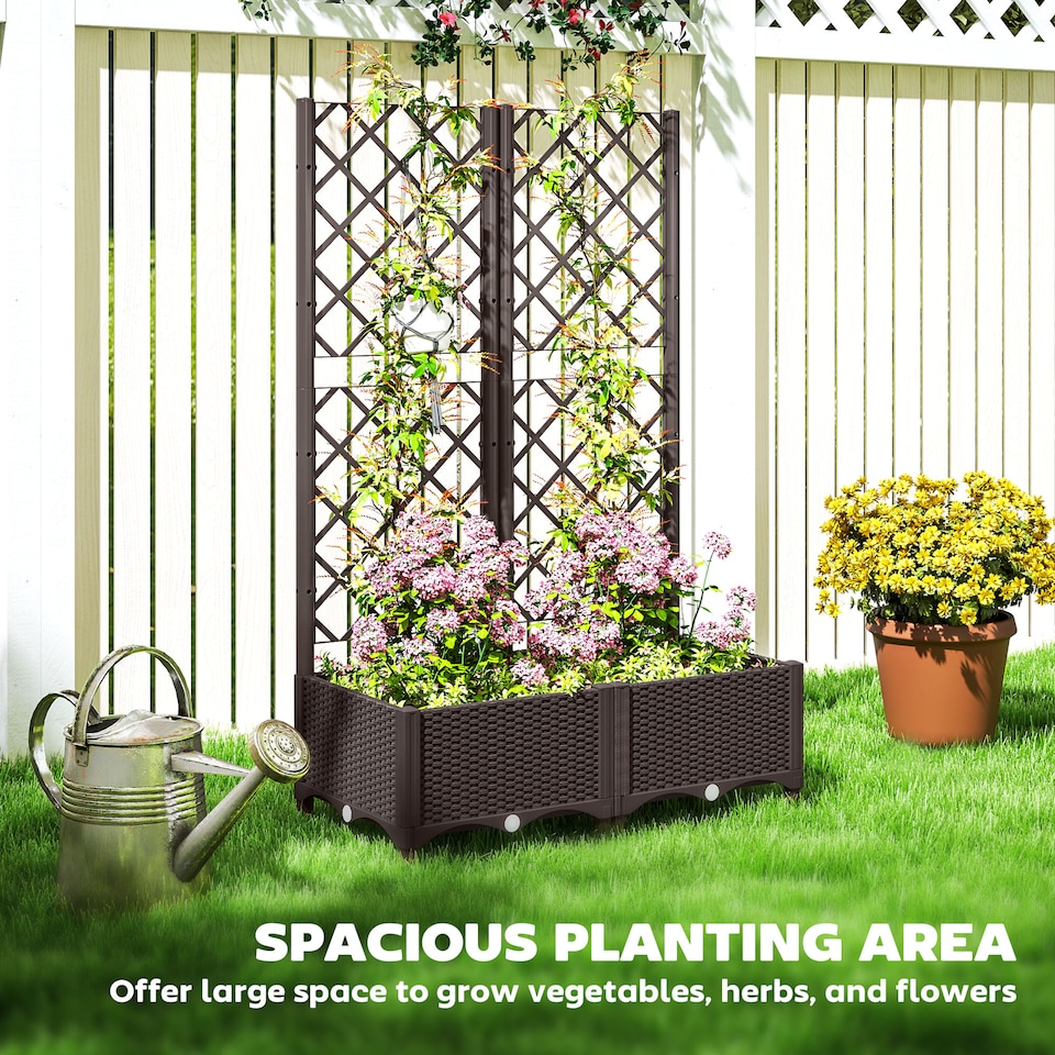 image 1 of Outsunny Raised Garden Bed with Trellis, Plastic Planter Box with Drainage Holes, Drain Plugs and Water Reservoirs for Climbing Plants, Vegetables, Flowers | Brown