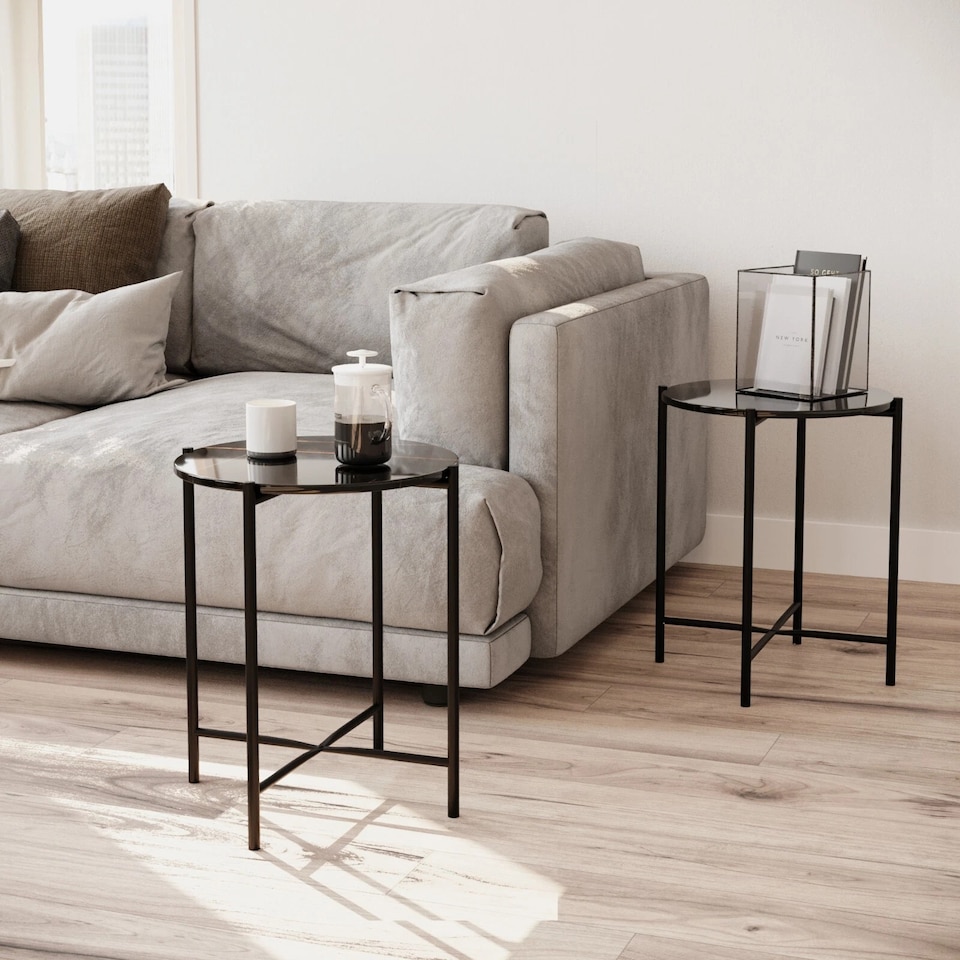 image 1 of Set of 2 Pcs Marble Effect Tops Square Round Side End Coffee Table Metal Frame | Black | Black Round | 1