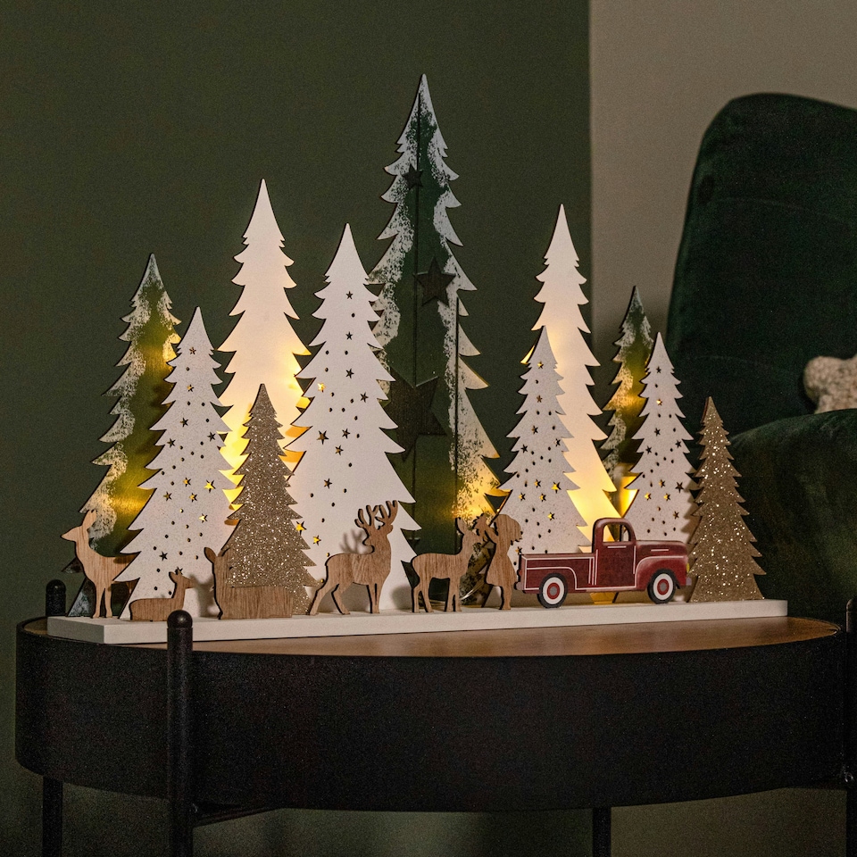 image 1 of 31cm Battery Operated Light up Wooden Christmas Tree with Deer and 15 Warm White LEDs
