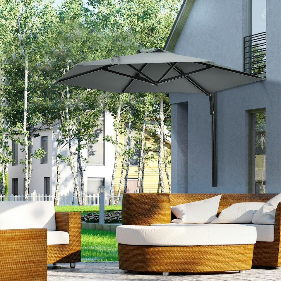 image 1 of Outsunny Wall-Mounted Parasol Patio Umbrella with Hand to Push System Grey