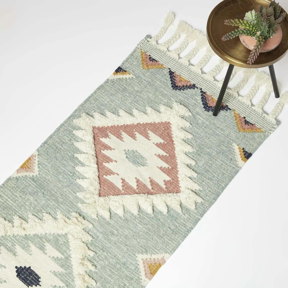 image 1 of Homescapes Tenali Blue Kilim Runner Wool Rug - 66 x 200 cm | Blue | Blue and White | 66 x 200 cm