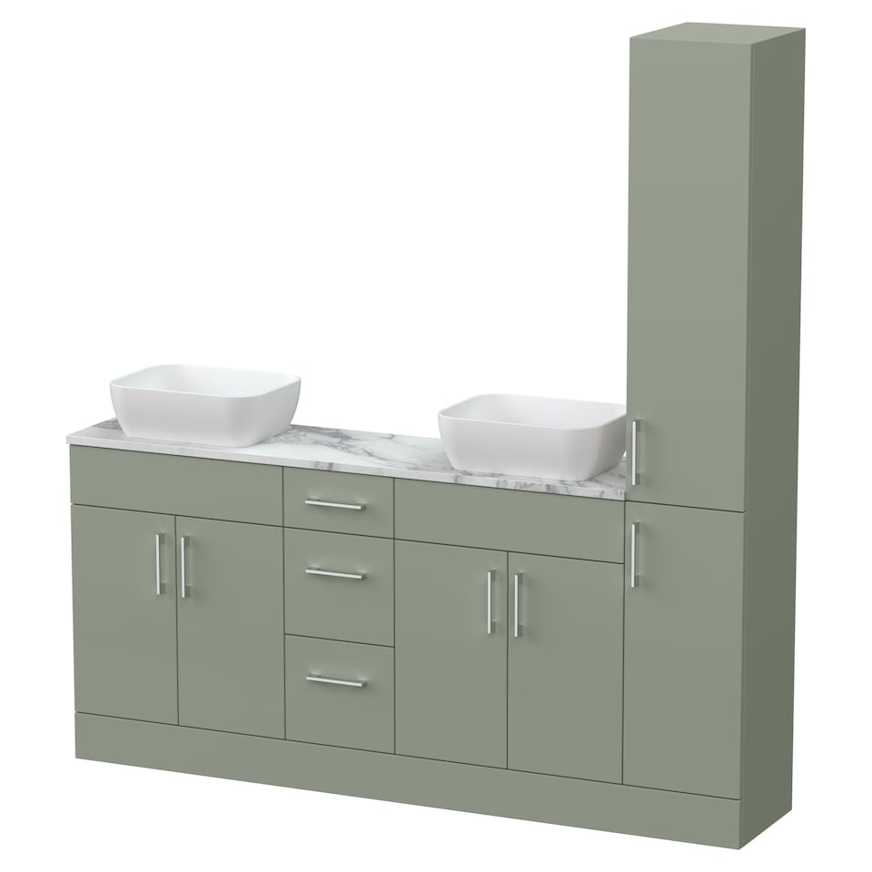 image 1 of Balterley Wichnor Floor Standing 4 Door 3 Drawer Vanity Combination Unit with Tall Unit, Laminate Worktop and Countertop Vessel, 1800mm, Fern Green