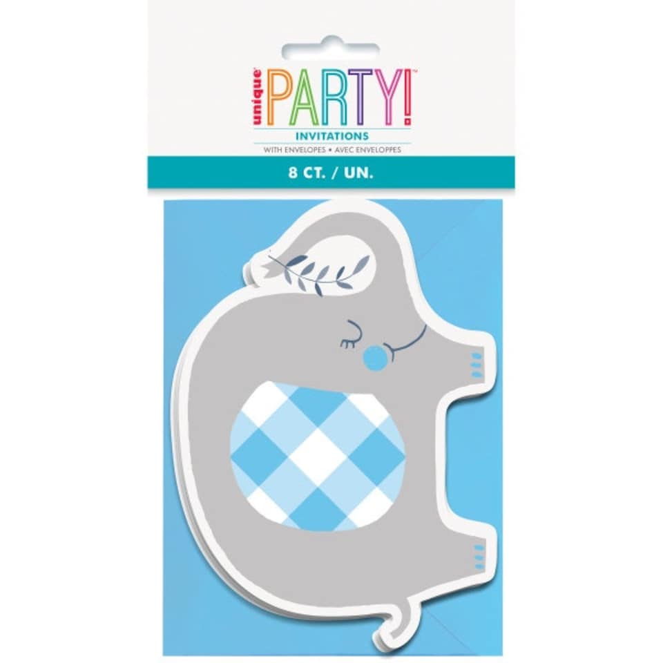 image 1 of Pack of 8 Blue Floral Elephant Invitations