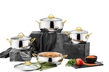 Sevval Collection 8-piece Stainless Steel Cookware Set (Gold Handles)