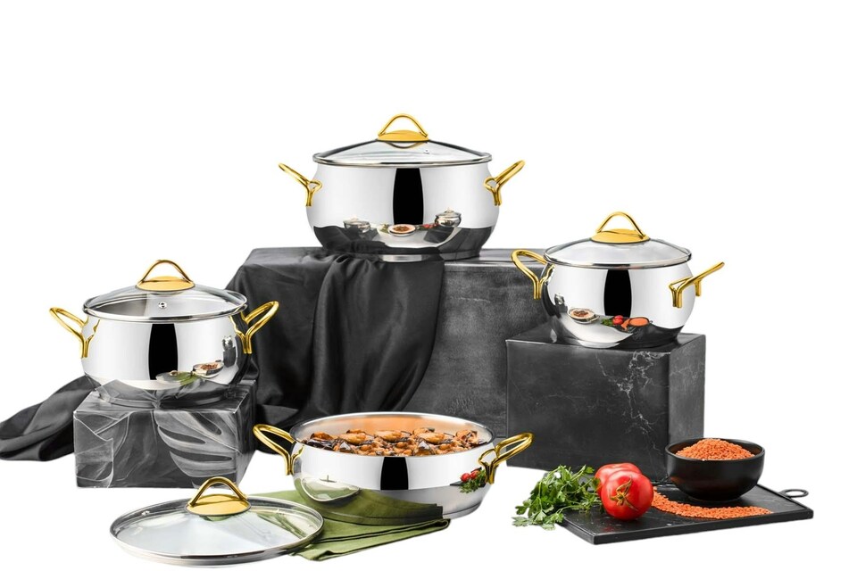 image 1 of Sevval Collection 8-piece Stainless Steel Cookware Set (Gold Handles)