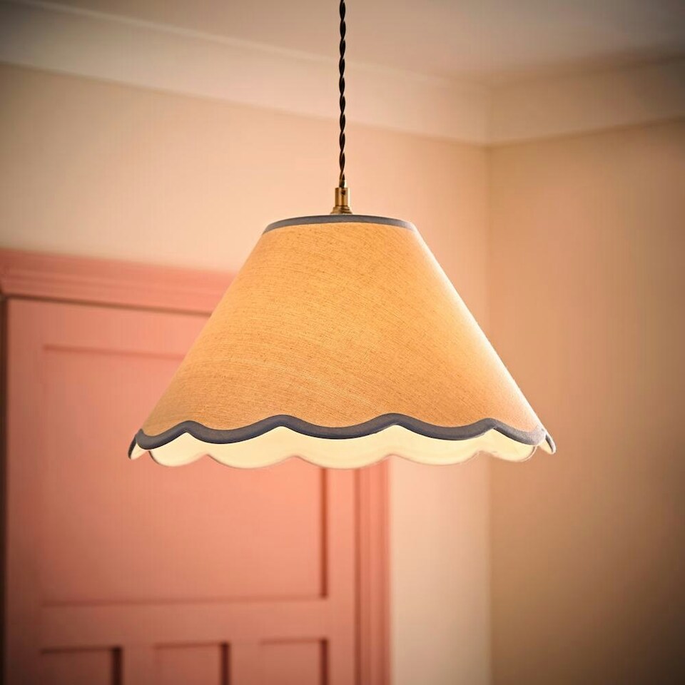 image 1 of ValueLights Florie Natural Linen Large Tapered Lamp Shade with Scallop Blue Trim
