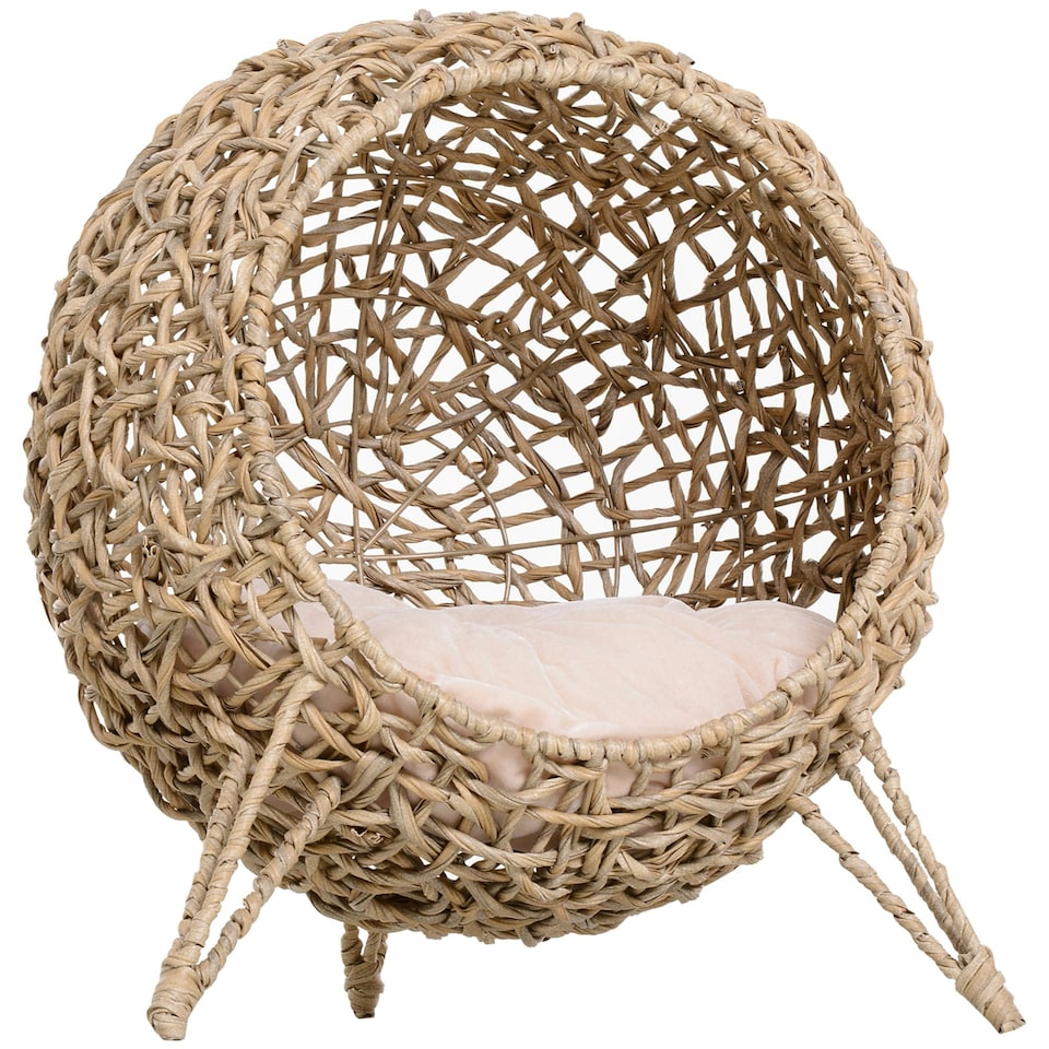 image 1 of PawHut Wicker Cat House, Ball-Shaped Rattan Raised Cat Bed - Natural Wood Finish