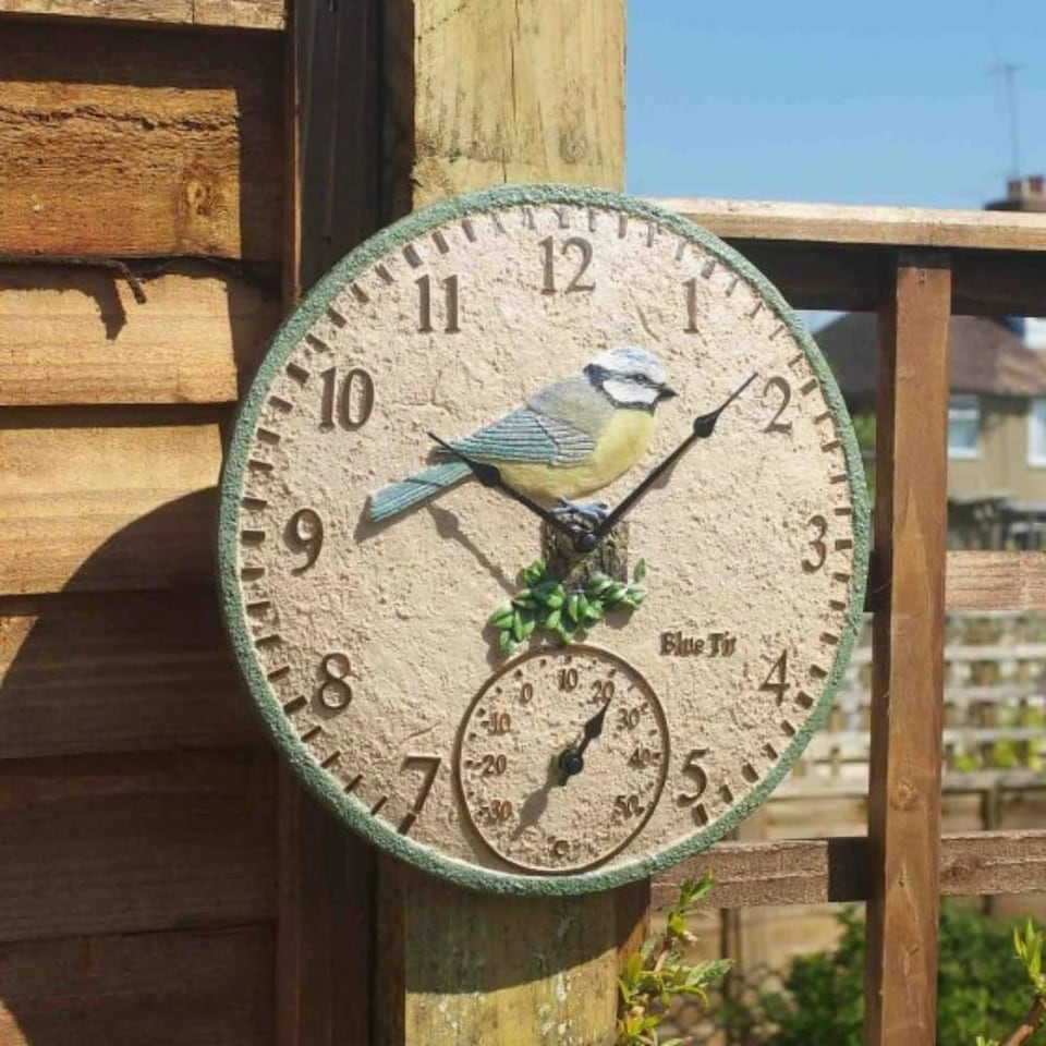 image 1 of Marco Paul 30cm Blue Bird Design Garden Clock and Thermometer Blue