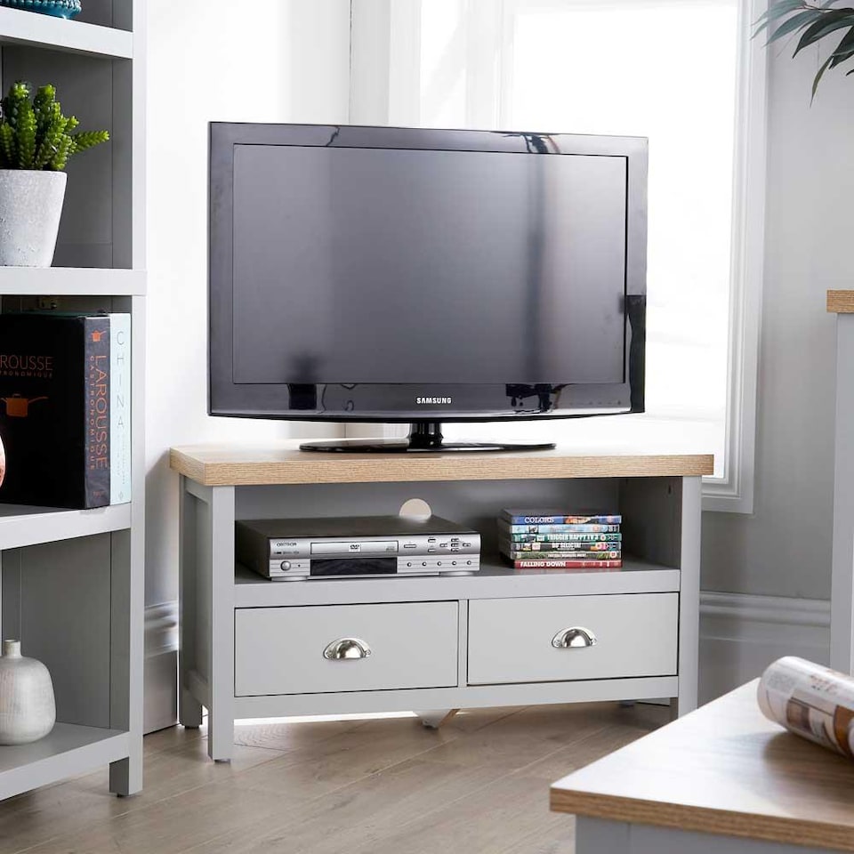 image 1 of Grey Oak Corner TV Stand Two Tone 1 Drawer Cabinet Television Unit Cable Tidy