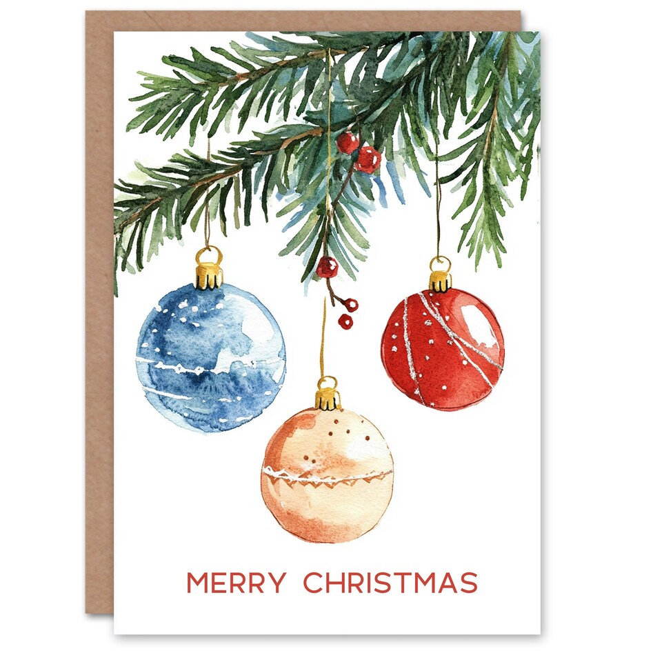 image 1 of Three Baubles Hanging From Tree Watercolour Blank For Him Or Her Art Christmas Card