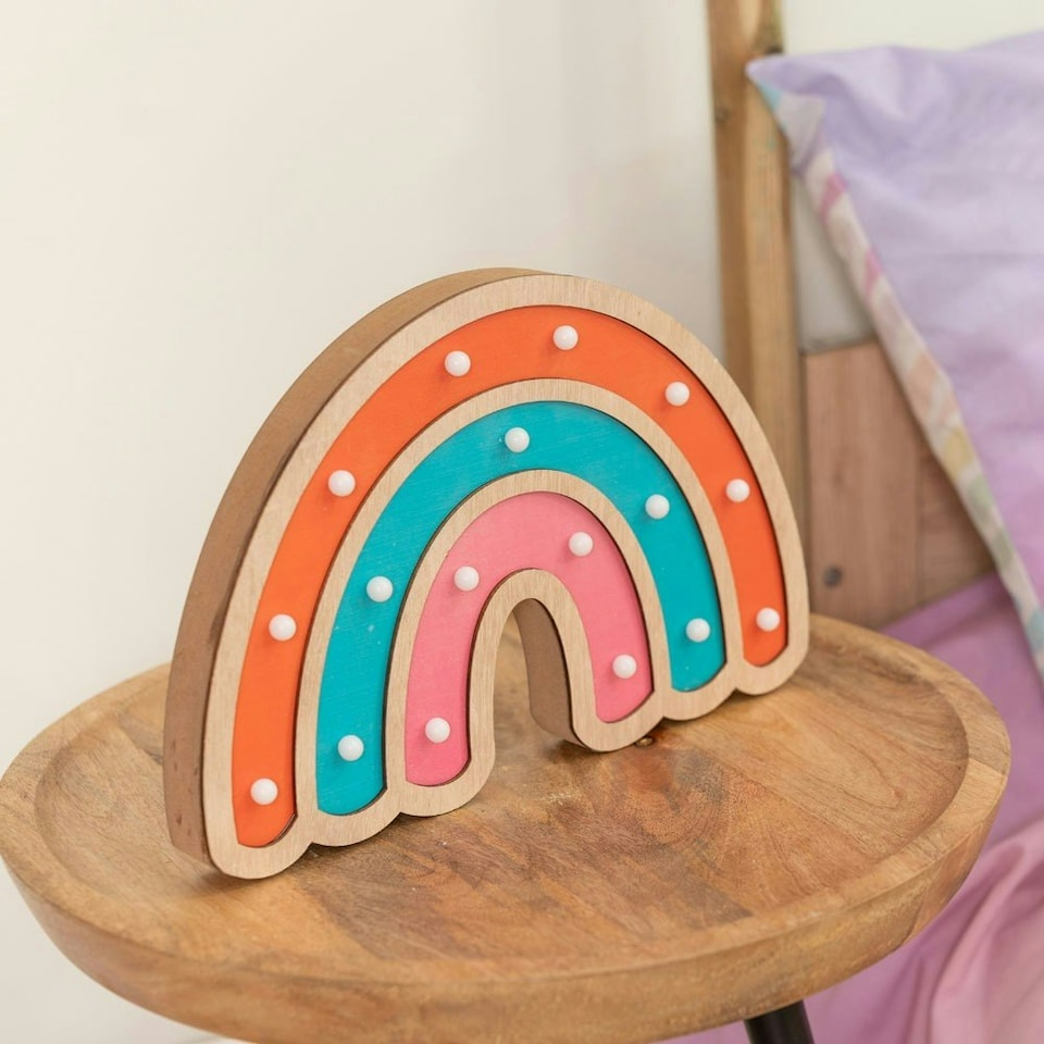 image 1 of ValueLights Kids Battery Powered Wooden Rainbow Wall Table Lamp Multi