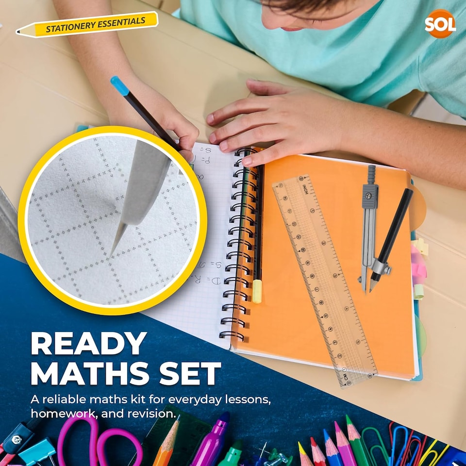 image 1 of 8pc Geometry Set for Secondary School – Complete Maths Kit with Ruler, Protractor, Compass, Pencil & Eraser, Ideal for Students