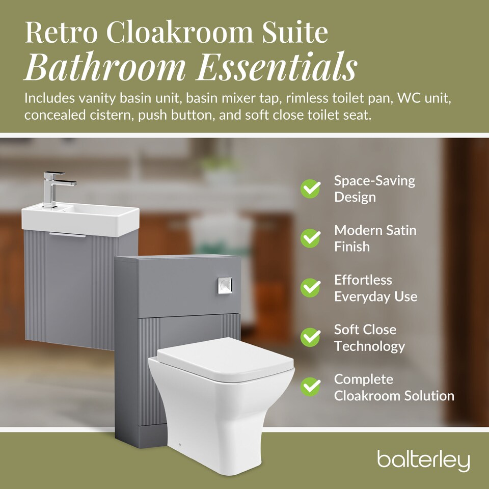 image 1 of Balterley Cloakroom Suite - Wall Hung Basin Unit, Toilet & Tap | White | Satin White | 438 x 400 x 222mm